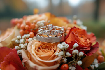 Wedding ring atop bouquet in sunlight.