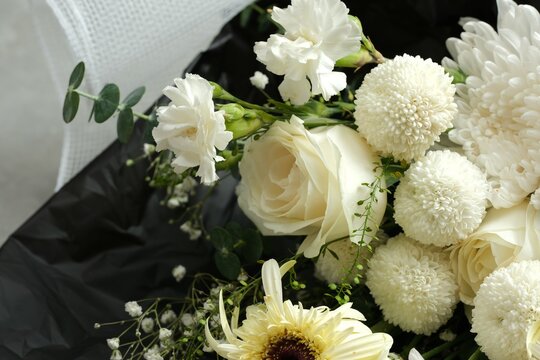 A bouquet of fresh flowers for Happy Mother's Day, birthday, International women's day, anniversary. graduation and celebration. Flower shop catalogue. Black and white theme. Buket bunga