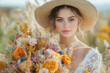 Woman in hat holding bouquet.