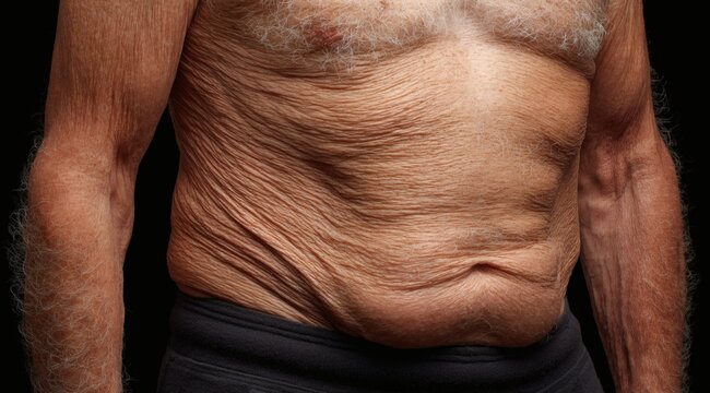 obese elderly man torso front, loose wrinkled belly, concept of aging and weight gain