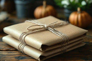 brown paper wrapped packages with twine bows.