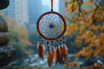 Dream catcher hanging on stone wall.