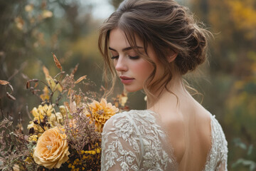 Bride holding bouquet of flowers.