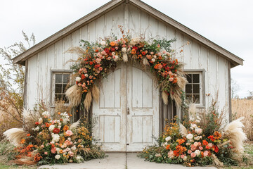 Pam holding a rustic wreath in front of a barn door at a rustic wedding ceremony.