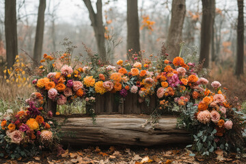 Wooden bench with vibrant flowers and lush foliage.