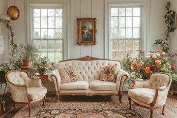 Couch and chairs arranged neatly on a rug in a living room.