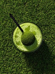 Overhead view of a matcha beverage in a glass, featuring a matcha sphere, ice, and a black straw, resting on vibrant green grass