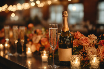 Champagne bottle and glass on table.