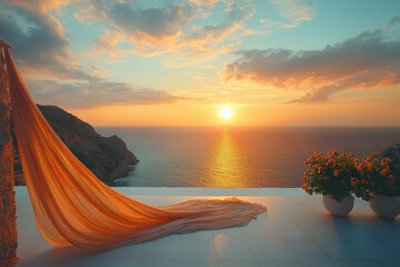 Woman in long orange dress sitting on balcony overlooking ocean.