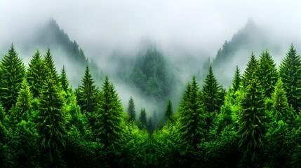 Fototapeta premium Misty mountain forest, evergreen trees, valley view, nature background, scenic wallpaper