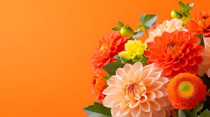 Orange background dahlia bouquet floral arrangement