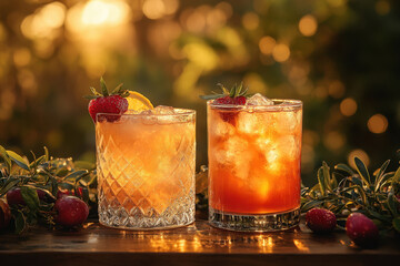 glasses of strawberry lemonade cocktails with ice and strawberries.
