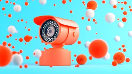 Orange security camera, spheres, blue background, surveillance