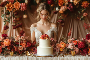 Bride holding wedding cake amidst flowers.