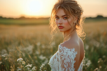 Woman standing in field at sunset.
