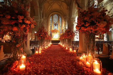 Flowers and candles adorn a church altar.