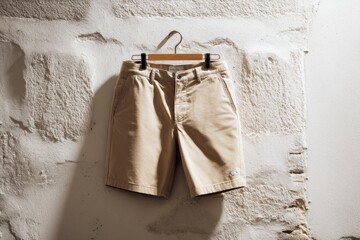 Tan chino shorts hang on a wooden hanger against a textured white wall, bathed in sunlight casting shadows