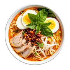 Top view of Penang assam laksa, Malaysia food in cup isolated on transparent background, object, cut out