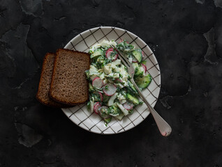 Eggs, cucumbers, radishes, green onions, Greek yogurt salad and rye bread on a dark background, top view