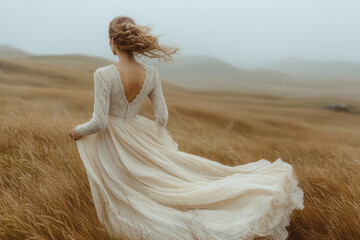 Woman in long dress walking through tall grass.