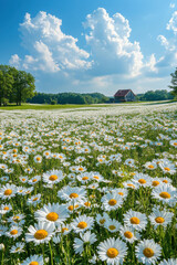 Vast field of blooming daisies stretches under bright blue sky with fluffy clouds, creating serene and picturesque landscape. quaint house is nestled in distance, surrounded by lush greenery © Pachara
