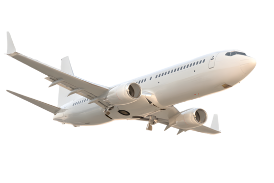 White passenger jet plane flying isolated on transparent background