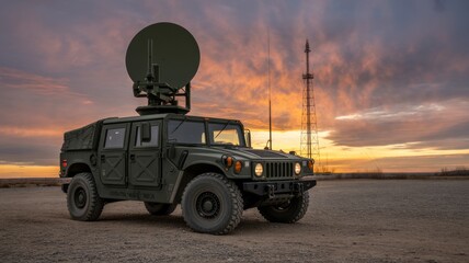 Military Humvee with Satellite Dish at Sunset in Open Field Environment
