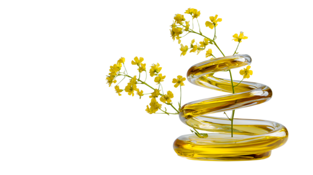 Getting essential oil from natural substances and flowers. Yellow oil flows in a spiral.