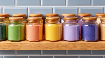 Colorful Glass Jars Filled with Glitter Arranged on a Wooden Bathroom Shelf with Textured Tile Background