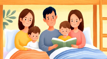 Family Bonding While Reading Bedtime Stories Together In A Cozy Bedroom Setting