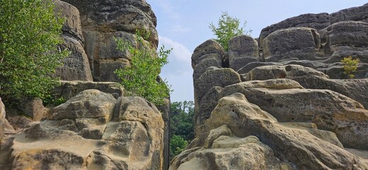 Klusfelsen an einem sonnigen Frühlingstag, bei Halberstadt, Harz, Huy, Sachsen-Anhalt
