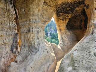 Klusfelsen an einem sonnigen Frühlingstag, bei Halberstadt, Harz, Huy, Sachsen-Anhalt