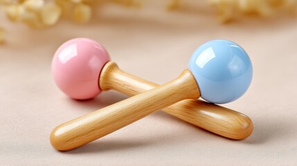 Two Colorful Baby Rattles One Pink and One Blue with Wooden Handles Against a Soft Background