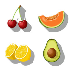 Fruit flat design long shadow icons set. Two cherries, melon slice, halved lemon, avocado. Vector symbols