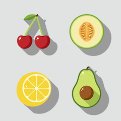Fruit flat design long shadow icons set. Two cherries, melon slice, halved lemon, avocado. Vector symbols