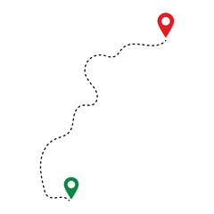 Route icon - two points with dotted path and location pin. Route location icon two pin sign and dotted line. Distance icons set in black filled and stroke line style in eps 10.