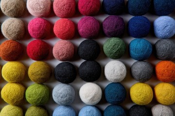 A grid of small, colorful felt balls, densely packed, showcasing a vibrant spectrum of hues and textures