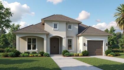 Exterior view of a light beige house with a dark brown garage.