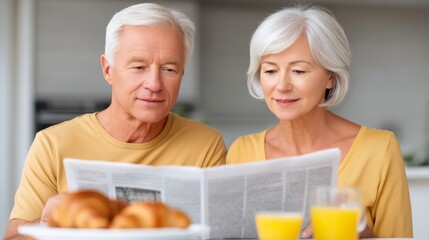 Elderly Couple Enjoying Breakfast Together While Reading Newspaper at Home