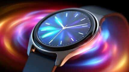 Close-Up View of a Modern Smartwatch with a Vibrant Holographic Interface and Colorful Light Effects