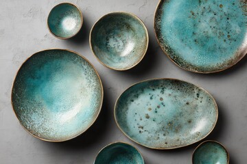 Teal and brown speckled ceramic bowls and plates arranged on a grey background, showcasing a rustic, handcrafted aesthetic