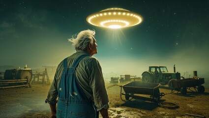 A farmer witnesses an alien spacecraft hovering over his farm under a starry night sky.