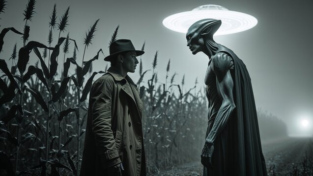 A mysterious encounter unfolds in a cornfield as an alien and man face each other.