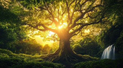 Fototapeta premium Lush forest scene with sunlight and waterfall