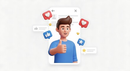 A 3D cartoon man gives a thumbs-up with social media reactions.