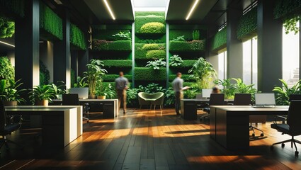 Modern office interior featuring a vibrant green wall and workspace design.
