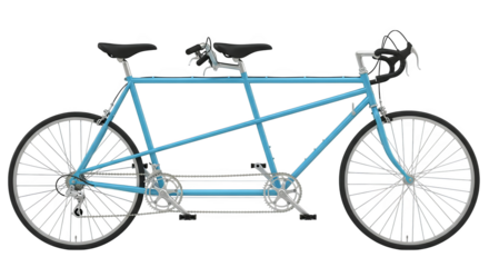 A light blue tandem bicycle is ready for a pair of riders to enjoy a pleasant outdoor adventure.