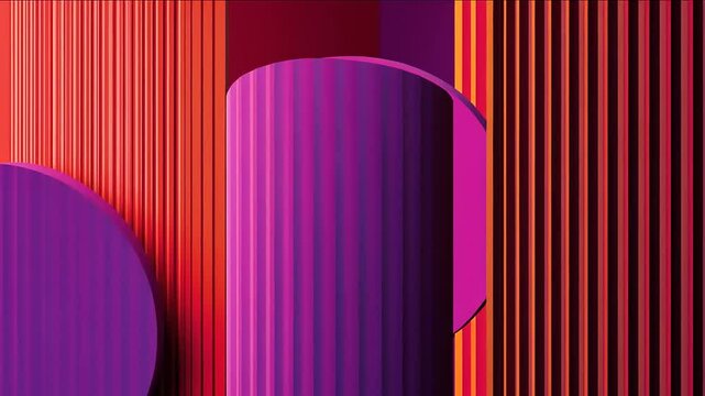 Dynamic interplay of curved elements and parallel lines in shades of purple and red