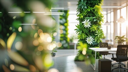 Modern office interior with a stunning vertical garden for a healthy work environment.