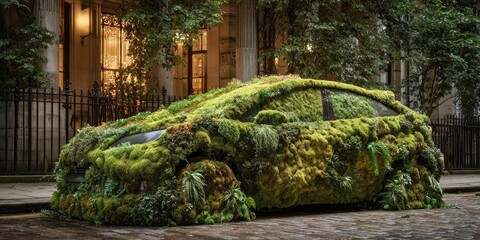 A car completely covered in vibrant green moss and various small plants, parked on a city street beside a classic building
